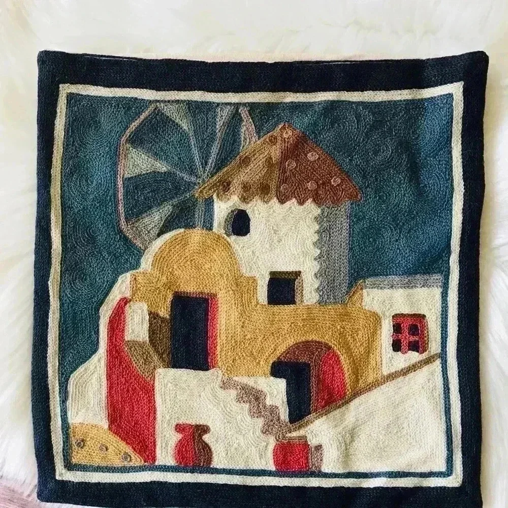 Vintage Hand Made Embroidered Wool Knit Pillow
